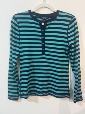 Chaps Teal and Navy Striped Henley Shirt Size PS